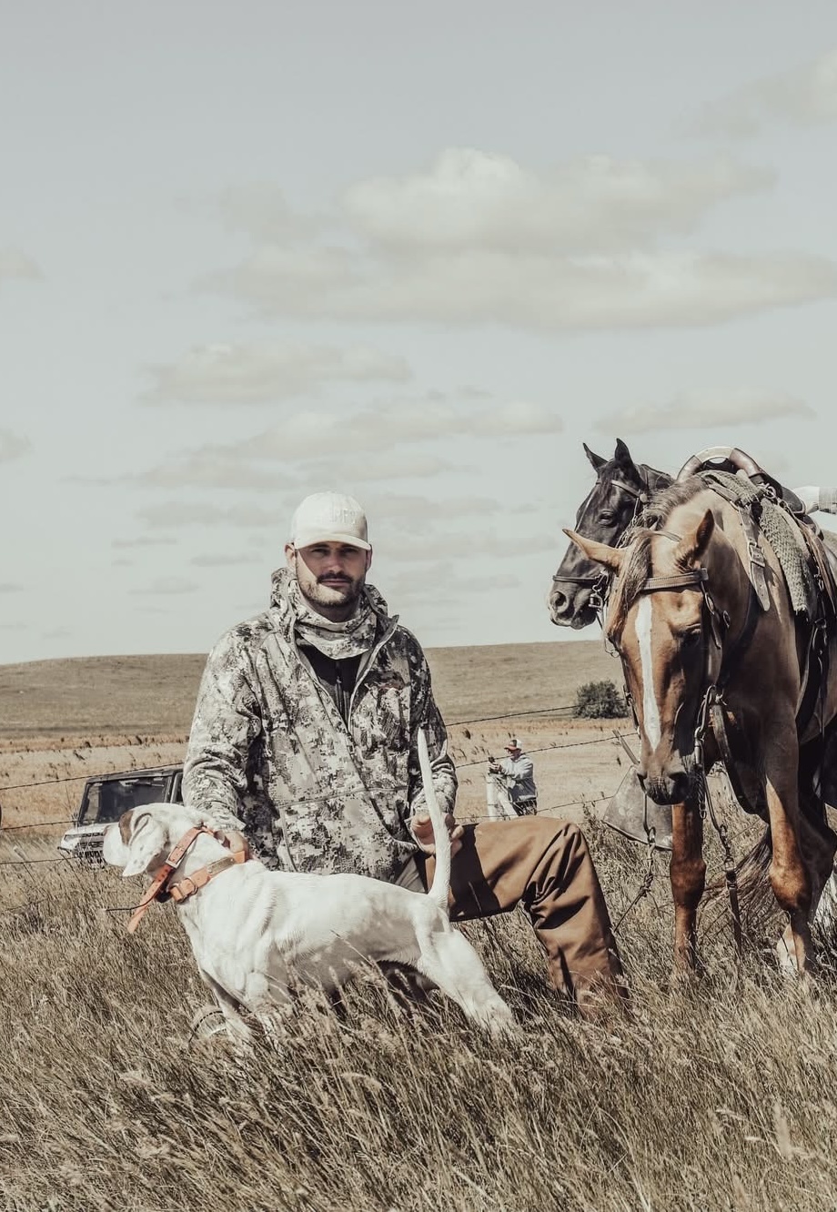 The trainer standing at a horse trailer with two saddled horses and two pointing dogs jumping up beside him.