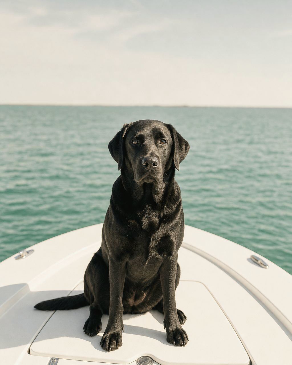 A black Labrador sitting calmly and squarely on the bow of a boat on flat emerald-green water.