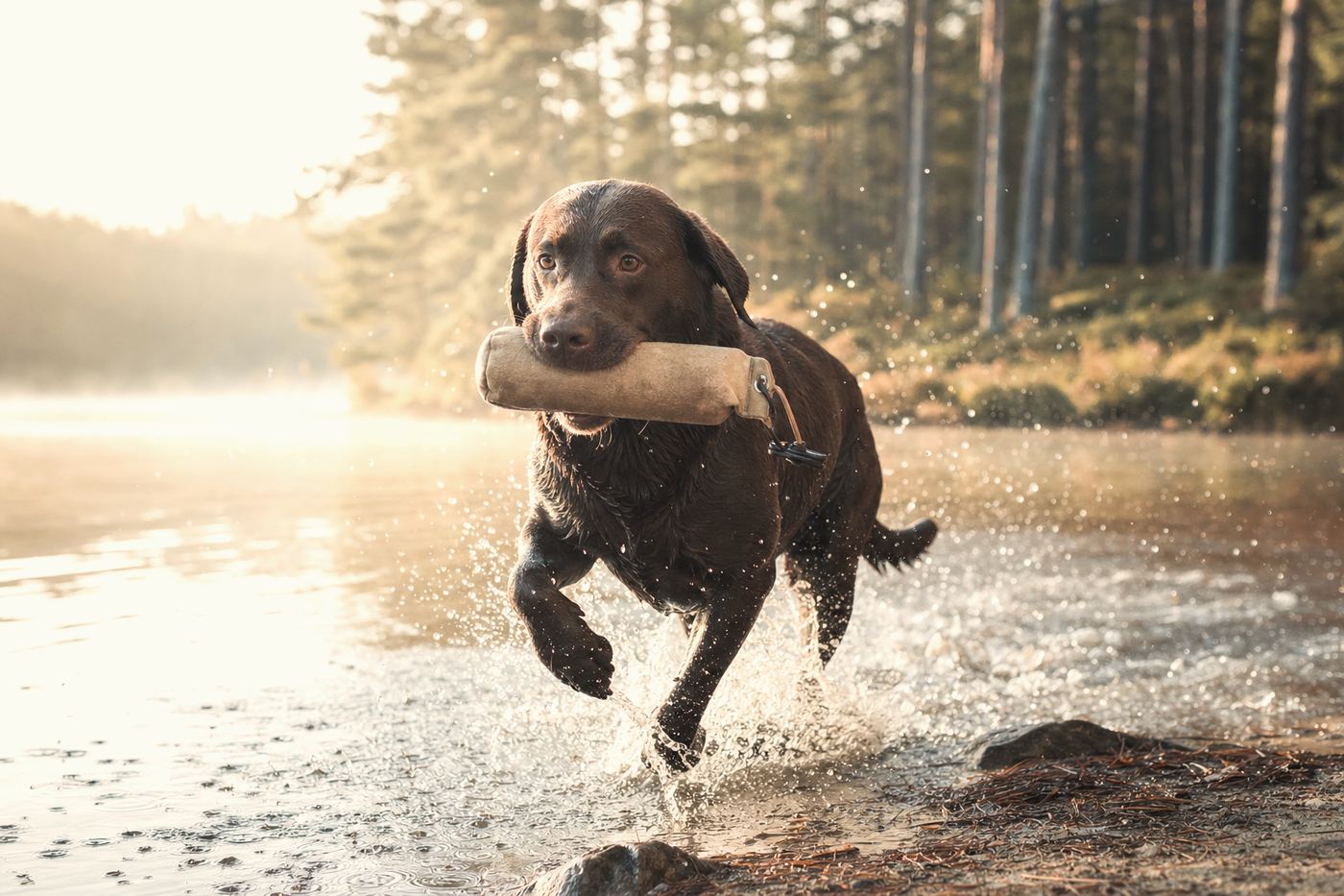 A chocolate Labrador driving out of shallow water at speed with a retrieve in its mouth.