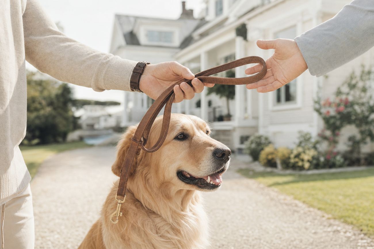A leash being handed from trainer to owner while a calm golden retriever sits at heel on a bright driveway.