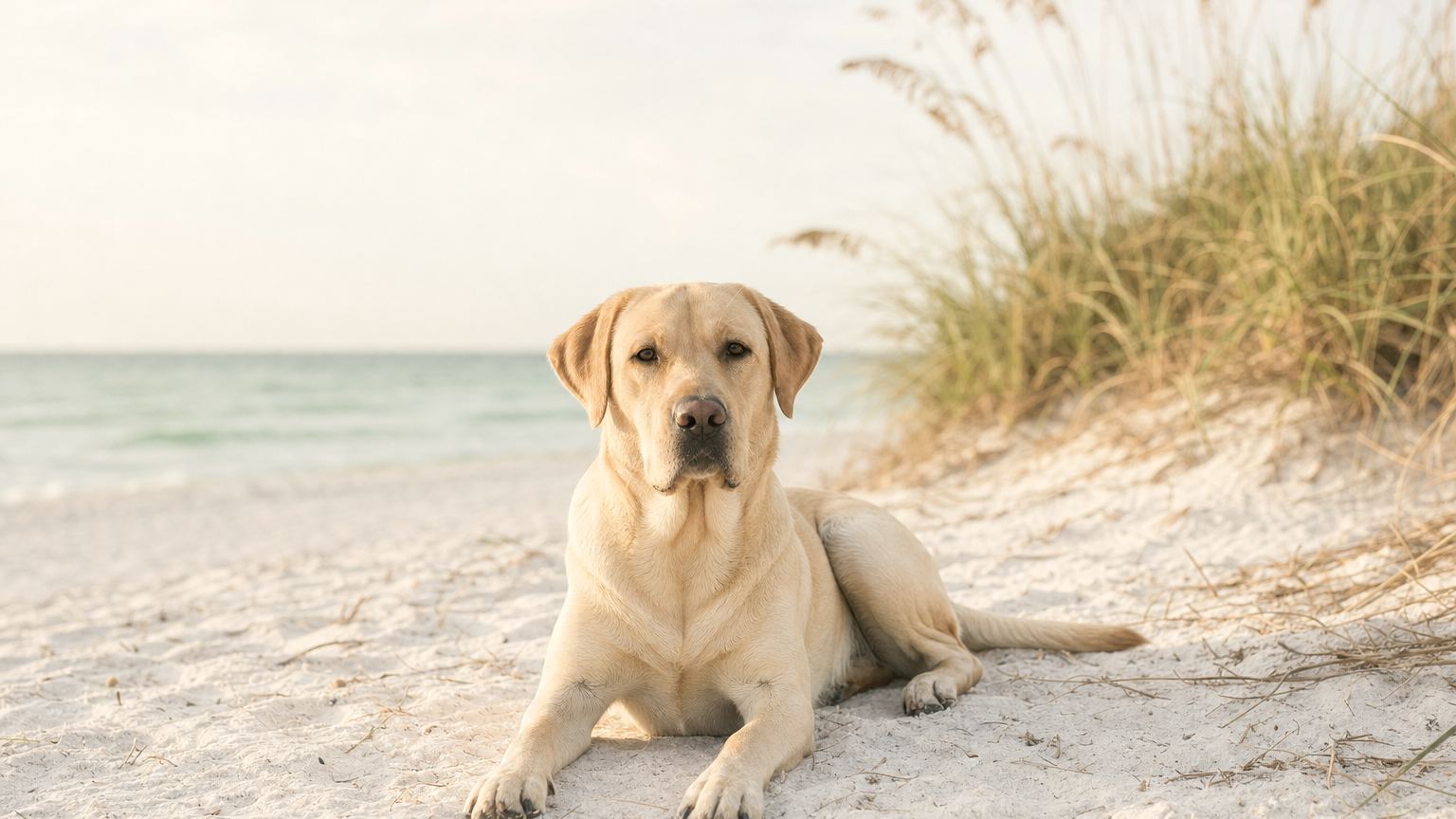 A yellow Labrador holding a steady off-leash down-stay on white Gulf Coast sand, with sea oats and green water behind.