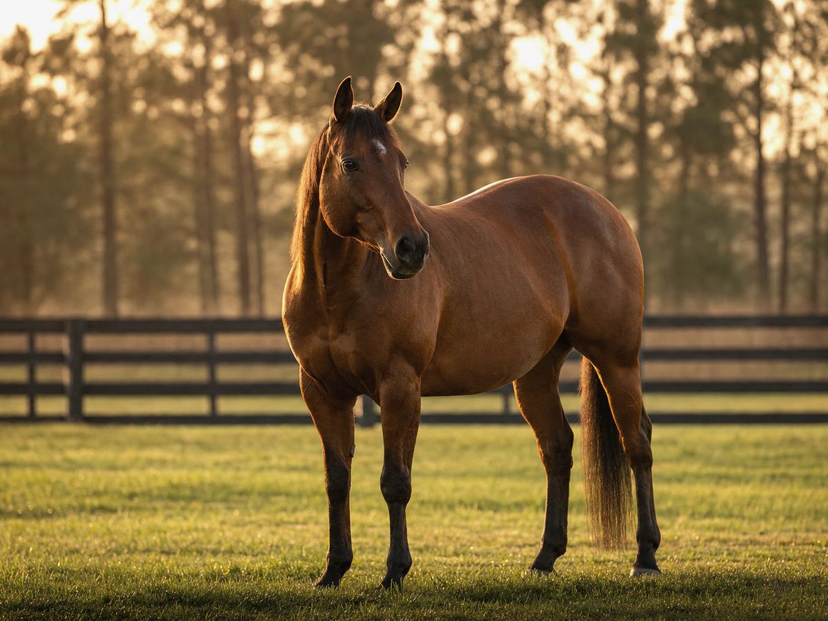 A bay quarter horse standing calmly in a green fenced paddock at golden hour.