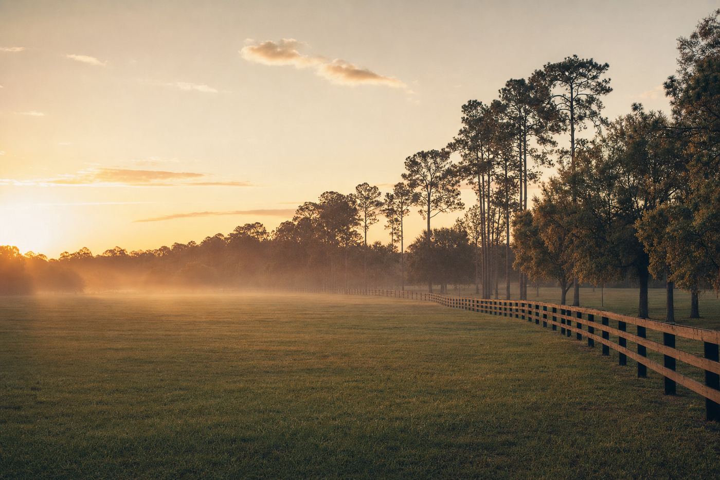 Open, mown, four-board fenced training field on the Molino property with a pine treeline behind it.