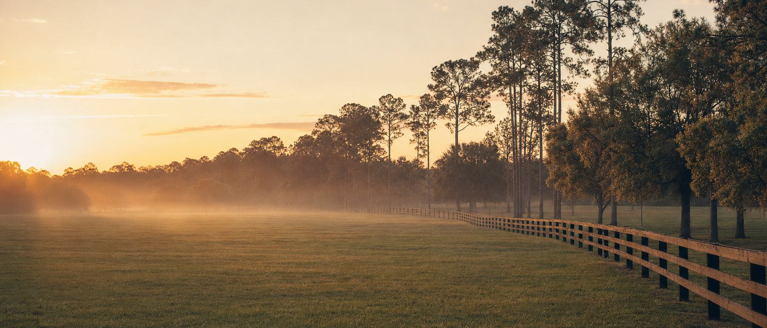 A wide green fenced training pasture at golden hour with a long fence line running toward pines.